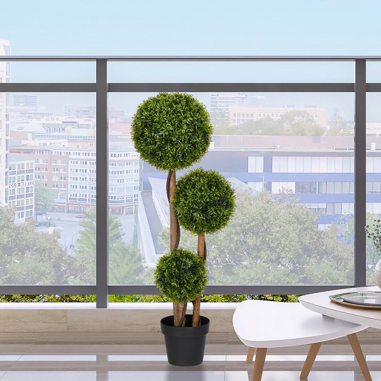 Pianta di Bosso Artificiale HOMCOM con 3 Sfere e Foglie di Bambù, Vaso Incluso, Verde, Altezza: 110 cm – 2