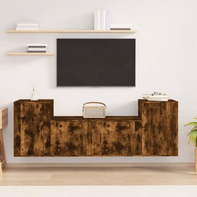 Set di mobili porta TV da 3 pezzi vidaXL in legno multistrato color rovere fumo marrone per soggiorno a parete