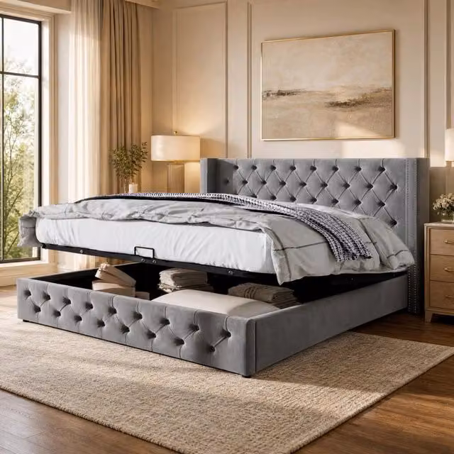 Letto contenitore 160x200 cm grigio in velluto, testiera Chesterfield