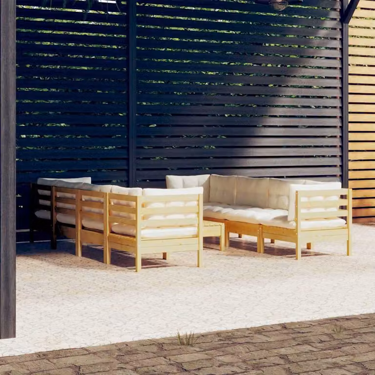 Set di divani da giardino vidaXL in legno massello di pino con cuscini beige, composizione a L con elemento angolare e pouf, 9 pezzi
