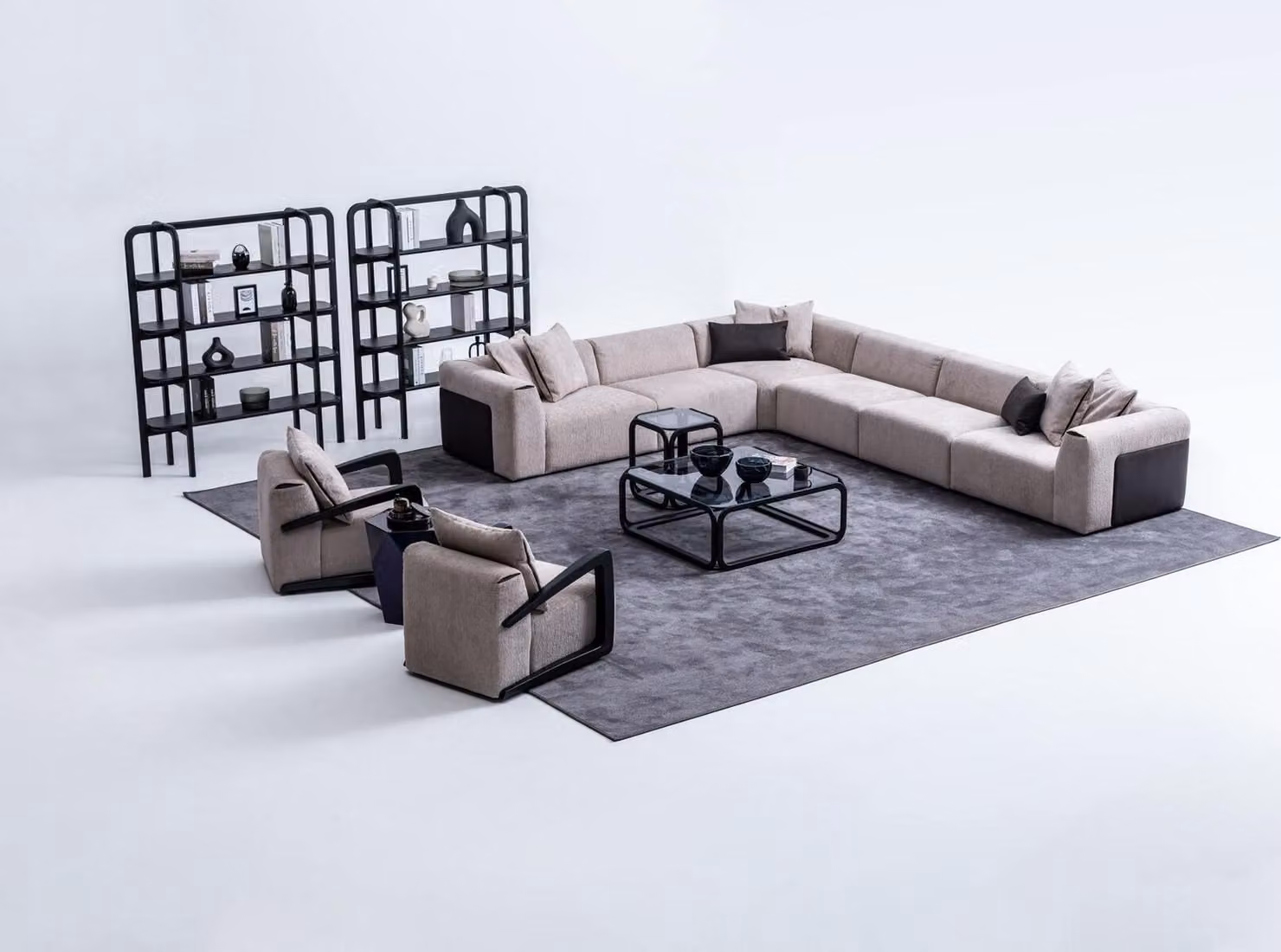 Moderne Sofagarnitur L-Form Couch mit Sessel Graue Eck Couch Textilsofa
