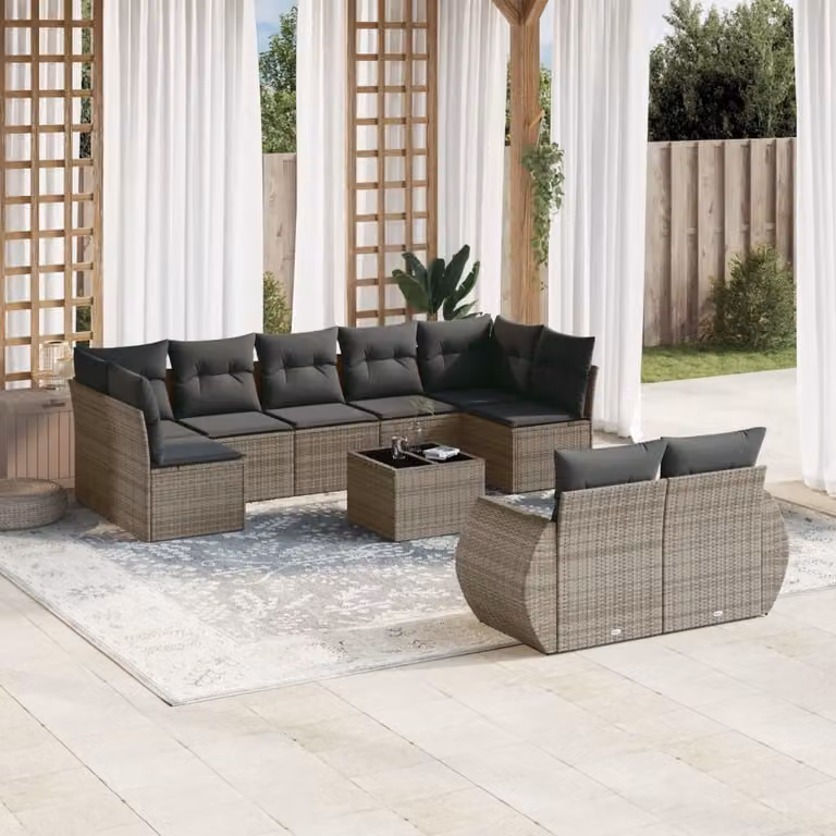 Set Divano da Giardino vidaXL 10 pz in Polyrattan Grigio con Cuscini e Tavolino