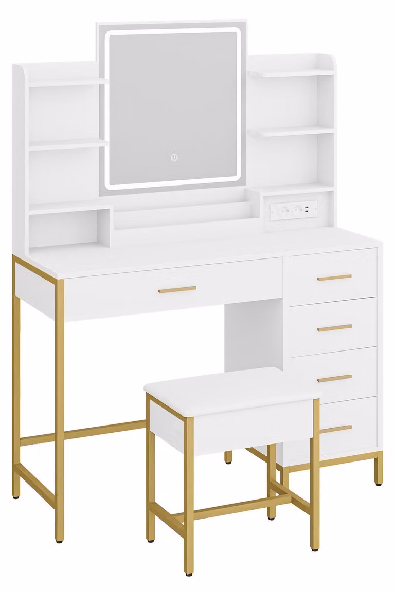 Tavolino da trucco - Comodino da trucco - Specchiera - Cassettiera per trucchi - Mobiletto per il trucco - Bianco dorato - Illuminazione LED regolabile