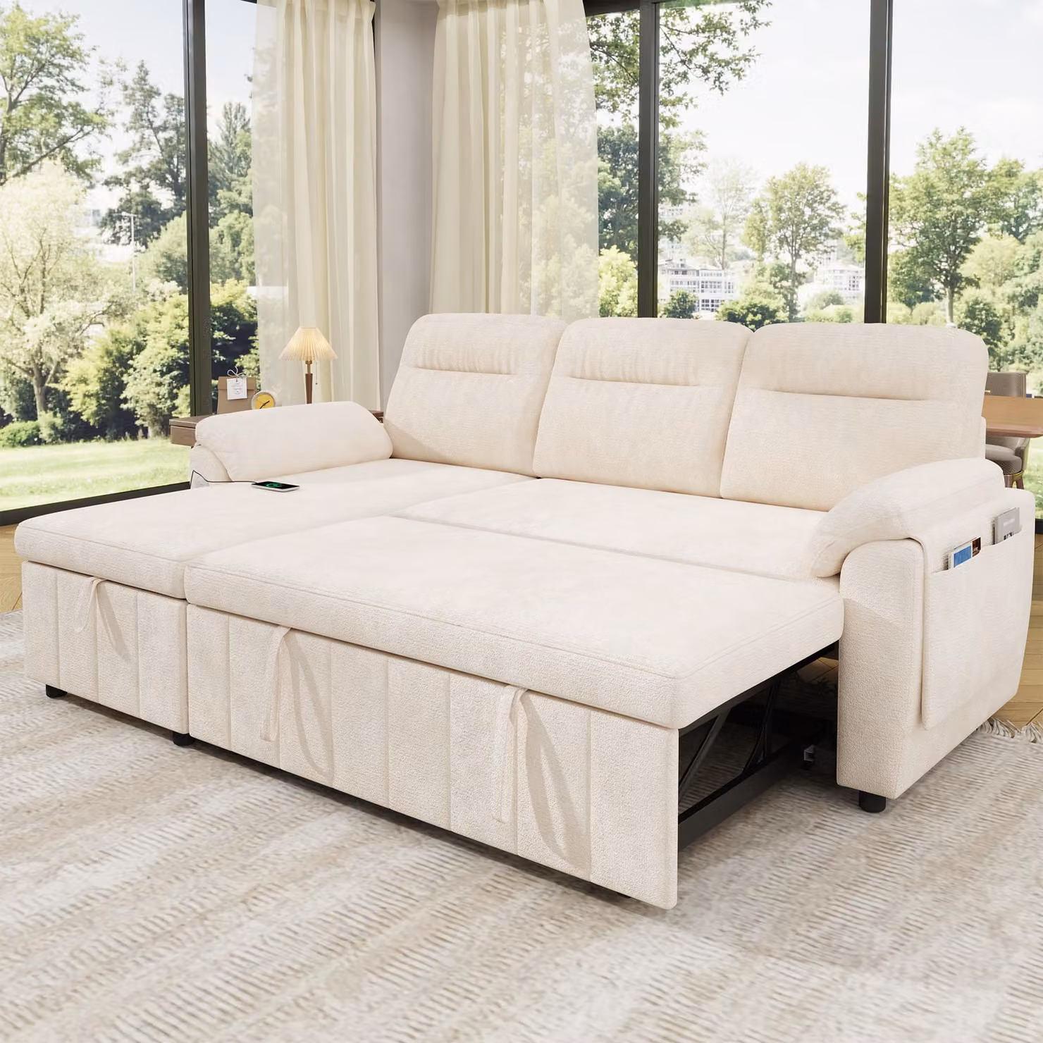 Divano angolare a forma di L, 3 posti, con funzione letto, dotato di porte USB/Type-C, divano letto estendibile, chaise longue intercambiabile, rivestito in chenille, colore beige