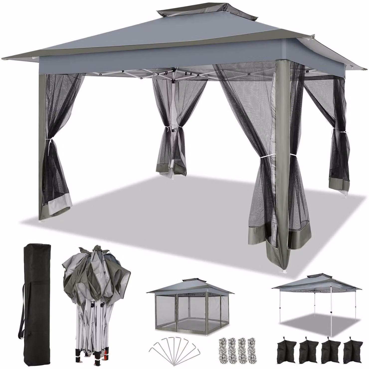 Gazebo impermeabile, dimensioni 3,65x3,65 metri, con zanzariera, sacchi di sabbia e borsa per il trasporto, colore grigio scuro