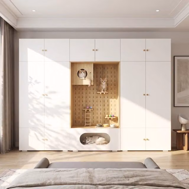 Armadio moderno con spazio per gatti e parete da arrampicata, bianco e marrone, L: 270 cm, P: 50 cm, H: 200 cm
