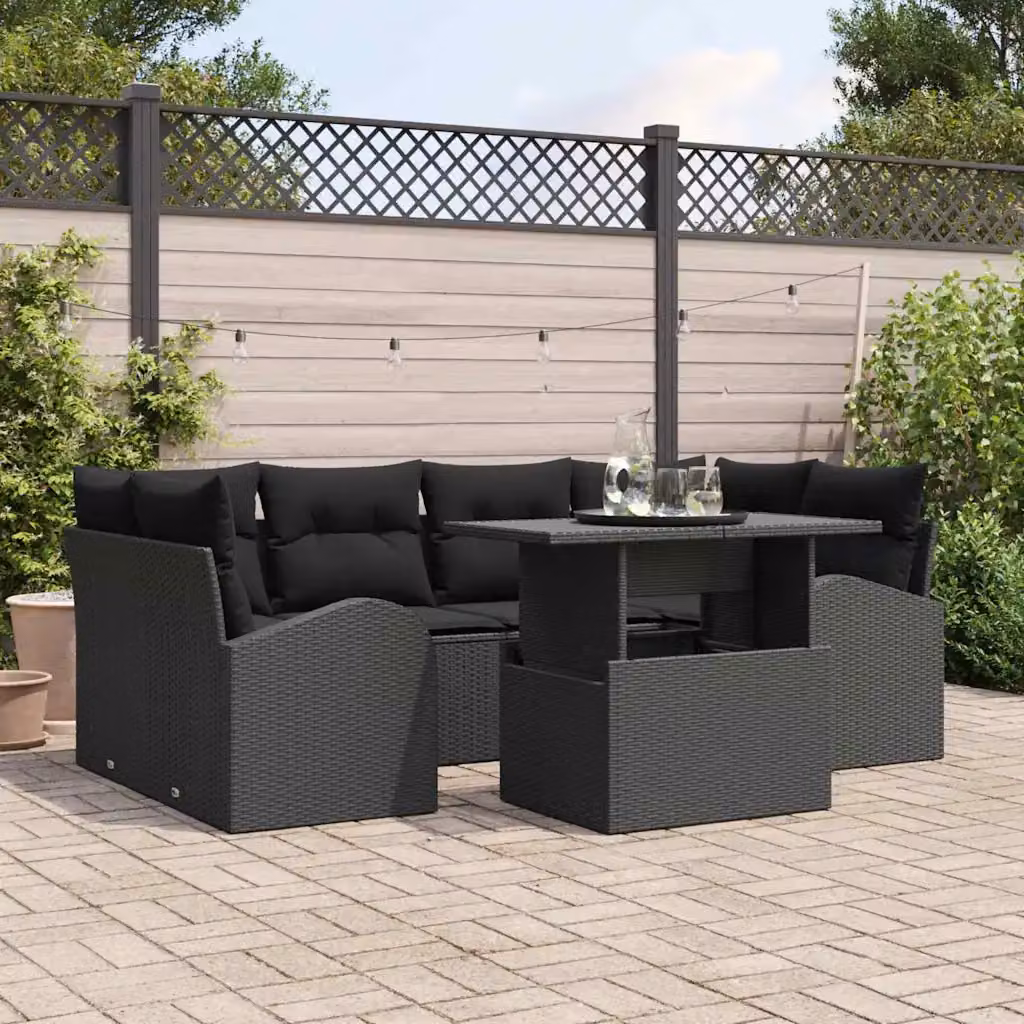 vidaXL Set Divano da Giardino Moderno a Forma di U in Rattan Nero con Tavolino e Cuscini – 1