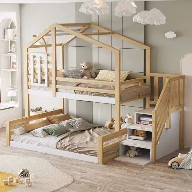 Letto a castello per bambini 90×200 cm e 140×200 cm con scala contenitore e barriere, senza materasso, naturale