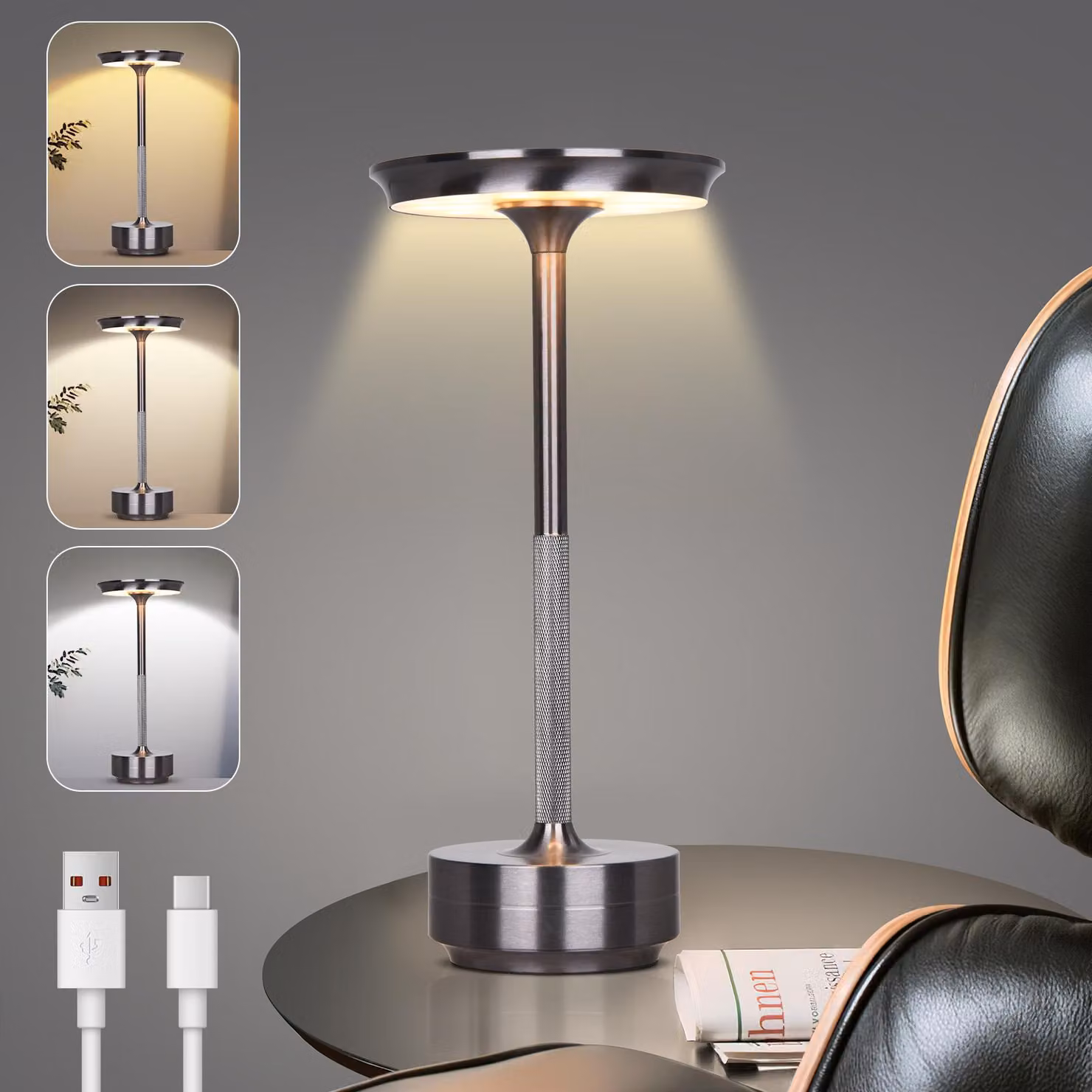 Lampada da tavolo a LED senza fili, batteria ricaricabile, 3 temperature di colore, dimmerabile, lampada da tavolo ricaricabile, lampada da comodino impermeabile per interni ed esterni, grigia