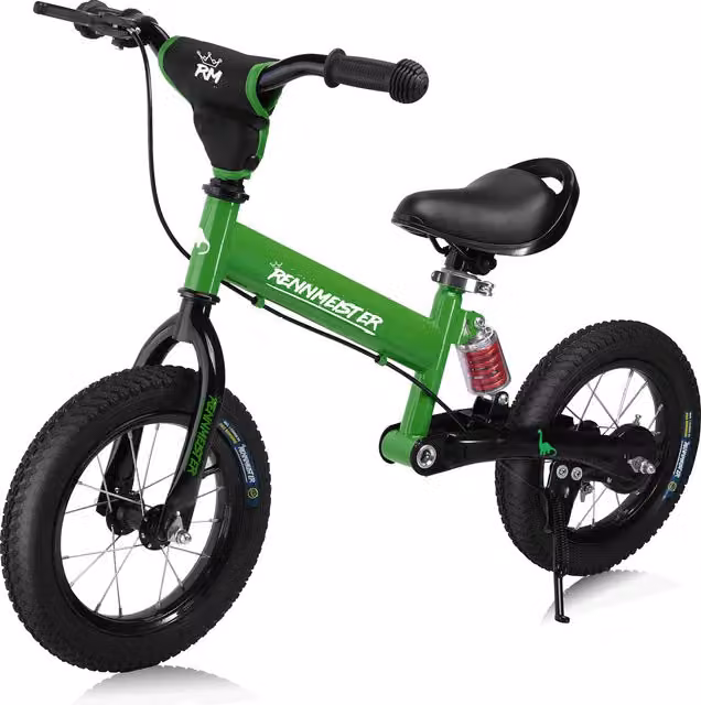 Bicicletta da equilibrio Rennmeister per bambini verde con maniglia di spinta e freno regolabile in altezza – 1
