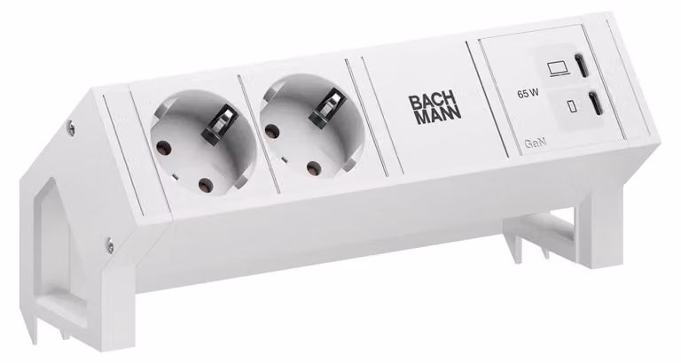 BACHMANN DESK2 BIANCO PURO 2xCEE7/3, 1xUSB C/C 65 W L=0,2 m RAL9010