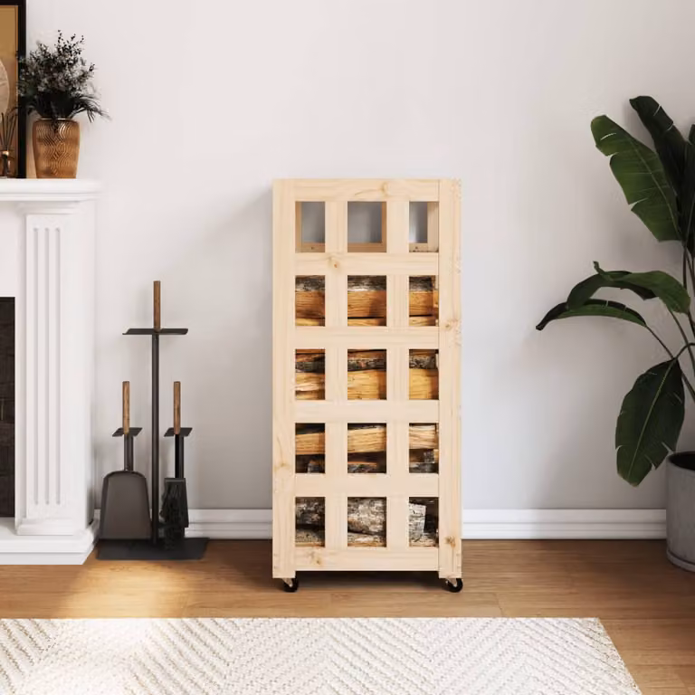 vidaXL Carrello Portalegna con Ruote in Legno Massello di Pino Marrone L: 40 cm, P: 49 cm, H: 110 cm