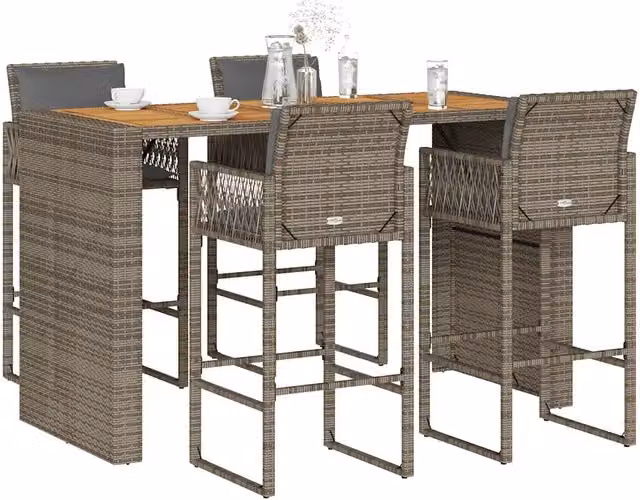 Set Bar da Giardino vidaXL in Polyrattan e Legno di Acacia con 5 Cuscini Nero