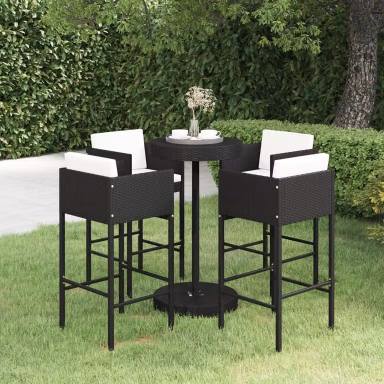 The Living Store Set bar da giardino 5 pezzi con cuscini in poly rattan nero