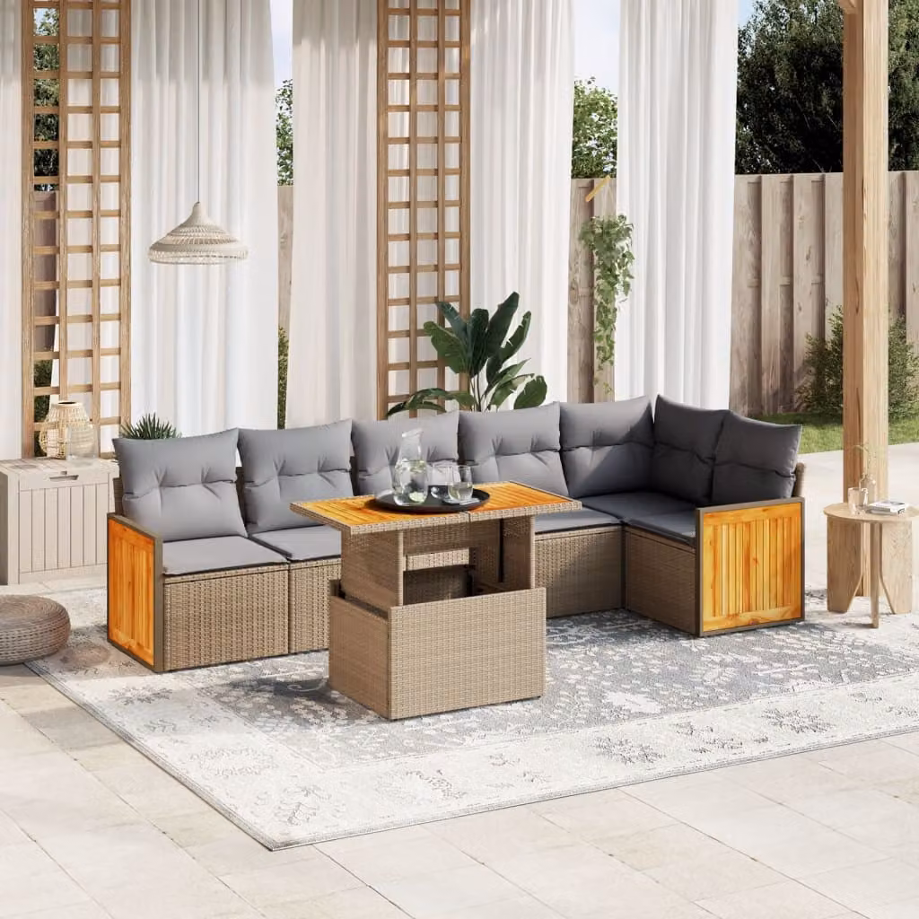 Set Divani da Giardino vidaXL 7 pz in Polyrattan Beige con Cuscini e Tavolino da Caffè