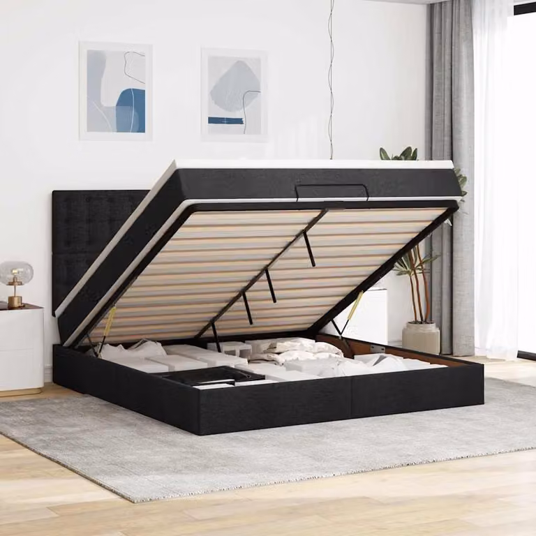 Letto con contenitore e materasso vidaXL in tessuto nero, dotato di base a sollevamento, illuminazione sottostante e porte di ricarica USB, L/P/H: 203 x 180 x 128 cm