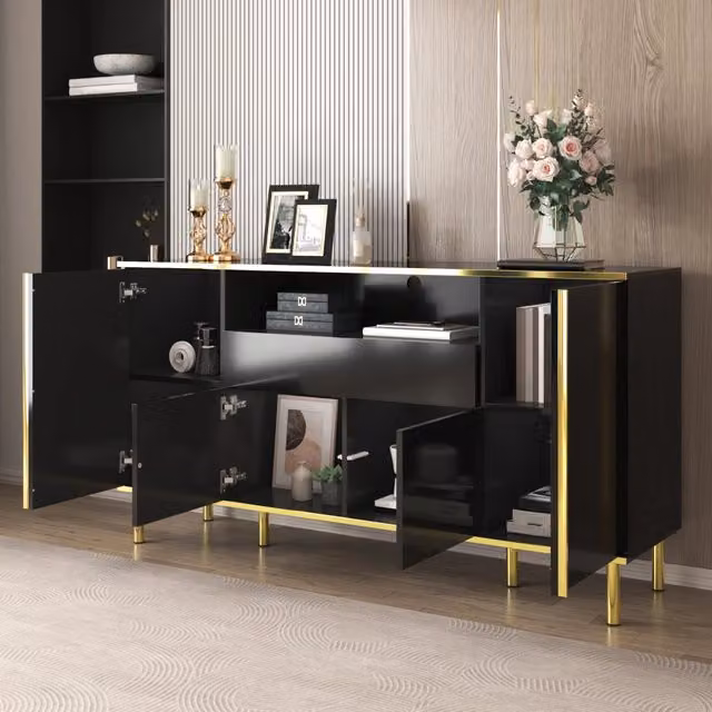 Sideboard nero lucido con 1 cassetto, 150x40x80 cm