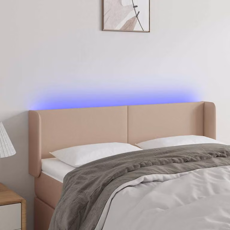Testiera per letto vidaXL in similpelle color cappuccino con illuminazione LED e porta di ricarica USB, L 147 cm, P 16 cm, H 78-88 cm