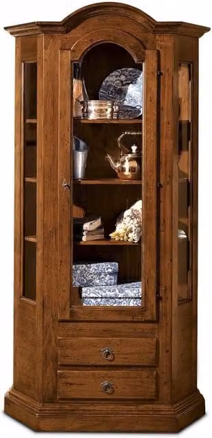 Vetrina Mobili 2G in legno con 1 porta in vetro e 2 cassetti, colore noce, L: 95 cm, P: 40 cm, H: 185 cm
