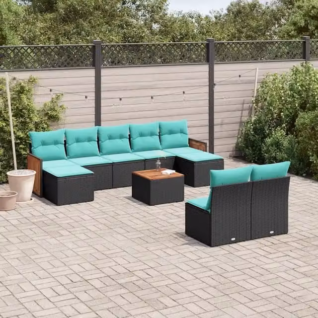 Set Divani da Giardino 10 pz con Cuscini Nero in Polyrattan 3228059