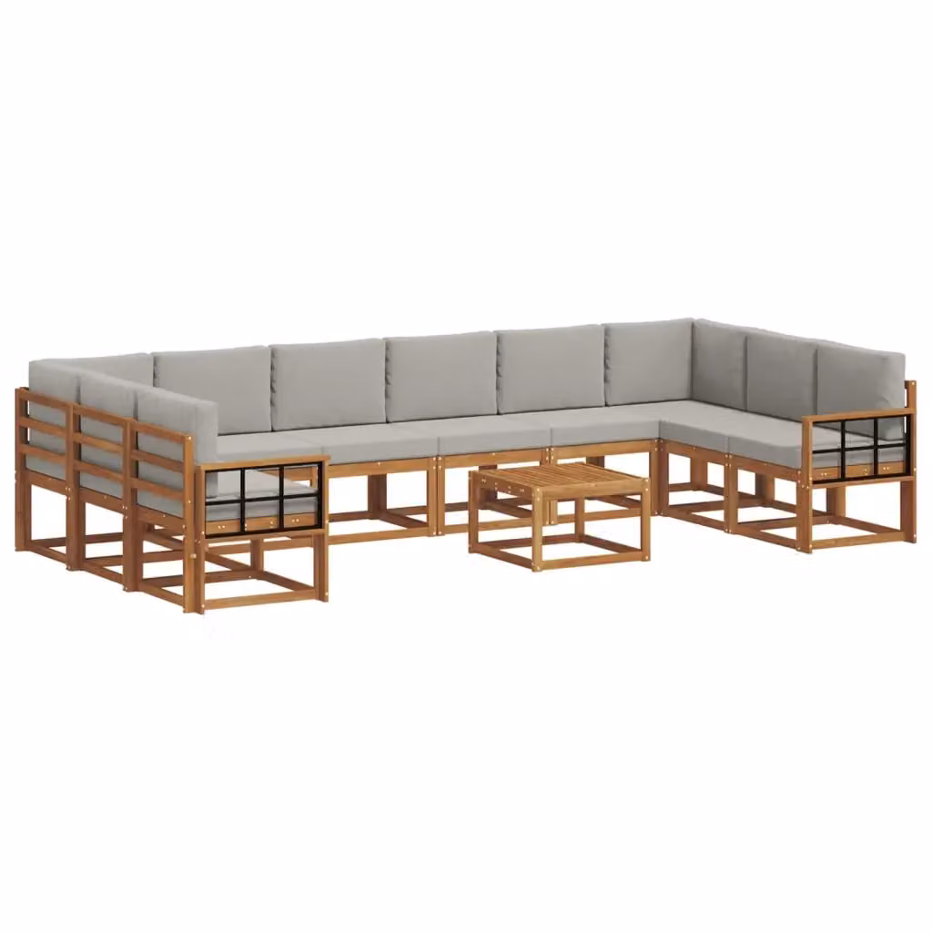 Set di divani da esterno vidaXL a forma di L in legno di acacia con cuscini e tavolino, 11 pezzi, Grigio – 2
