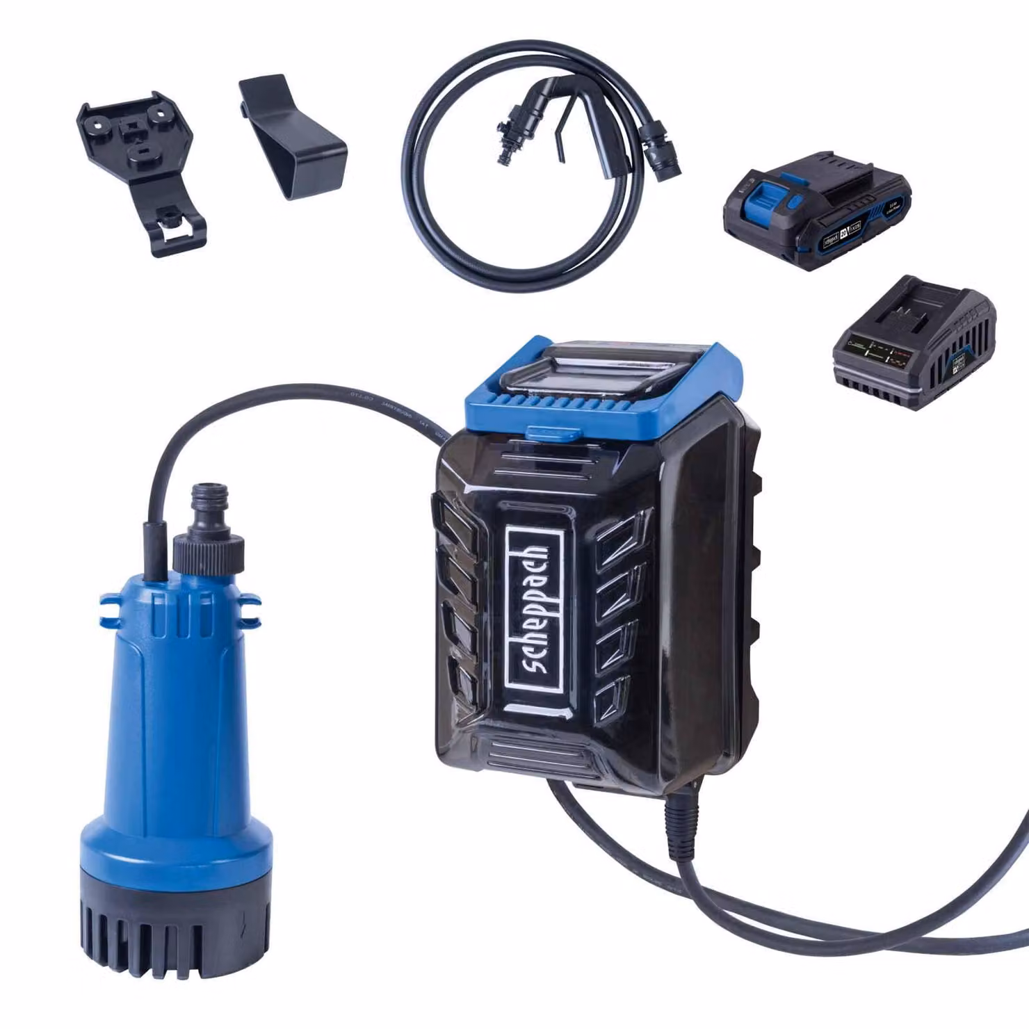 Pompa a batteria per cisterne d'acqua piovana Scheppach C-RBP2000-X - 20 V IXES | Pressione di pompaggio 2,0 bar | incl. batteria da 2 Ah + caricabatterie da 2,4 A