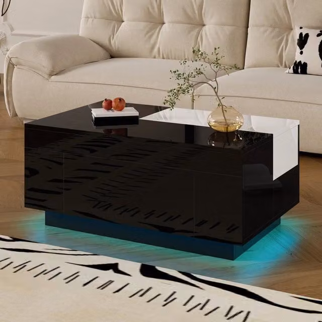 Tavolino da Salotto Minimal con LED e Piano Estraibile Bianco e Nero Lucido con Vano Contenitore