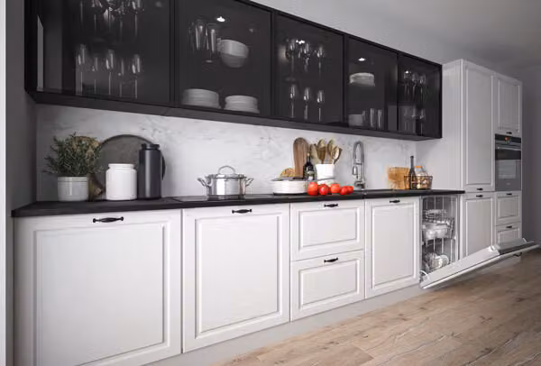 Mobile cucina "Elbing" cucina componibile 420cm estrazione parziale soft-close grigio / bianco - nero