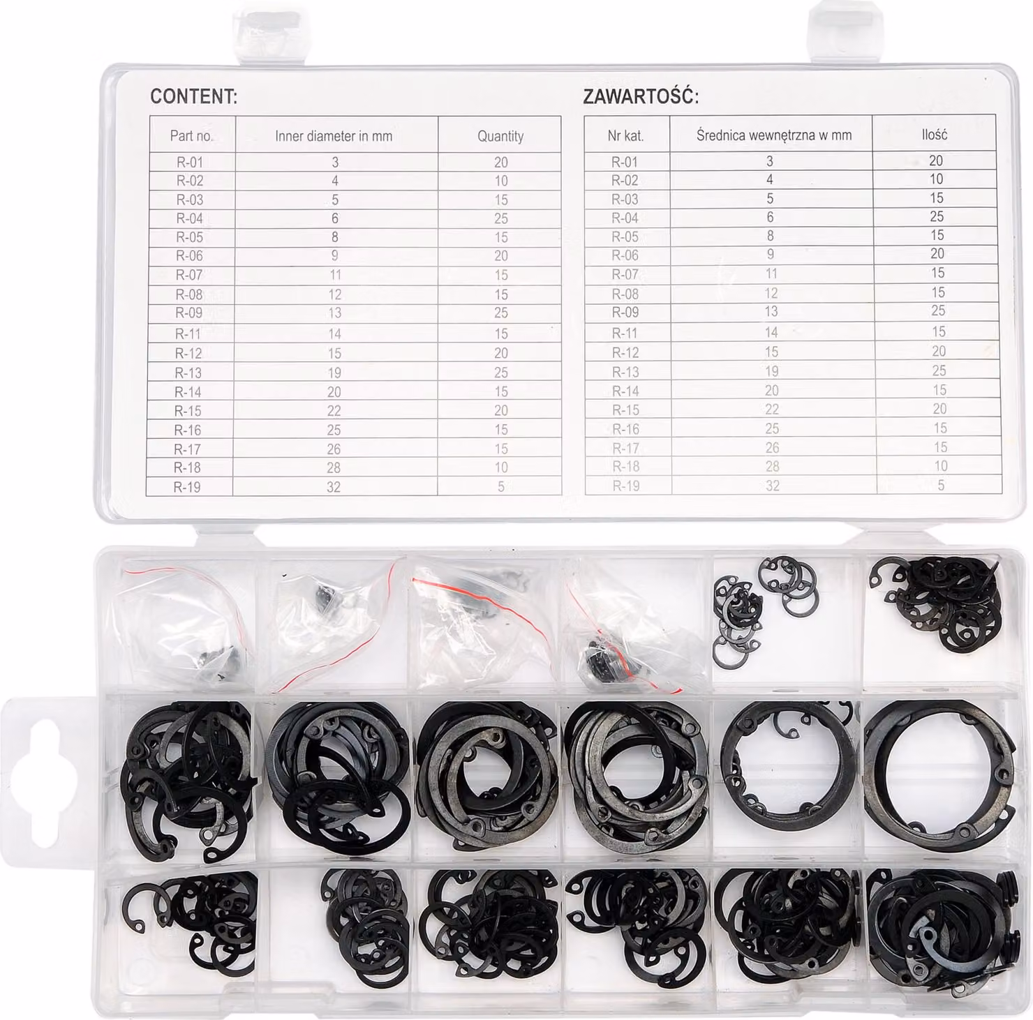 Assortimento di anelli di sicurezza, 300 pezzi – anelli interni, anelli di sicurezza Ø3–32 mm, acciaio al manganese, in organizer