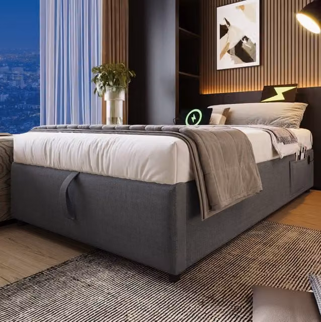 Letto contenitore 90x190 cm senza testiera con USB e Type-C; cotone-lino grigio
