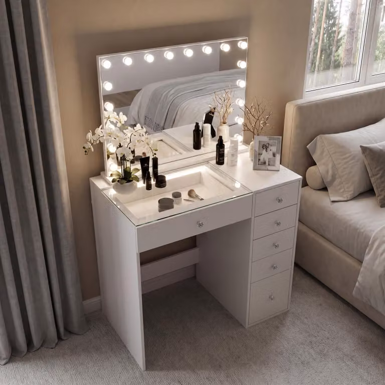 VANITII, tavolino da trucco con specchio illuminato, 6 cassetti, bianco, 92 x 55 x 139 cm