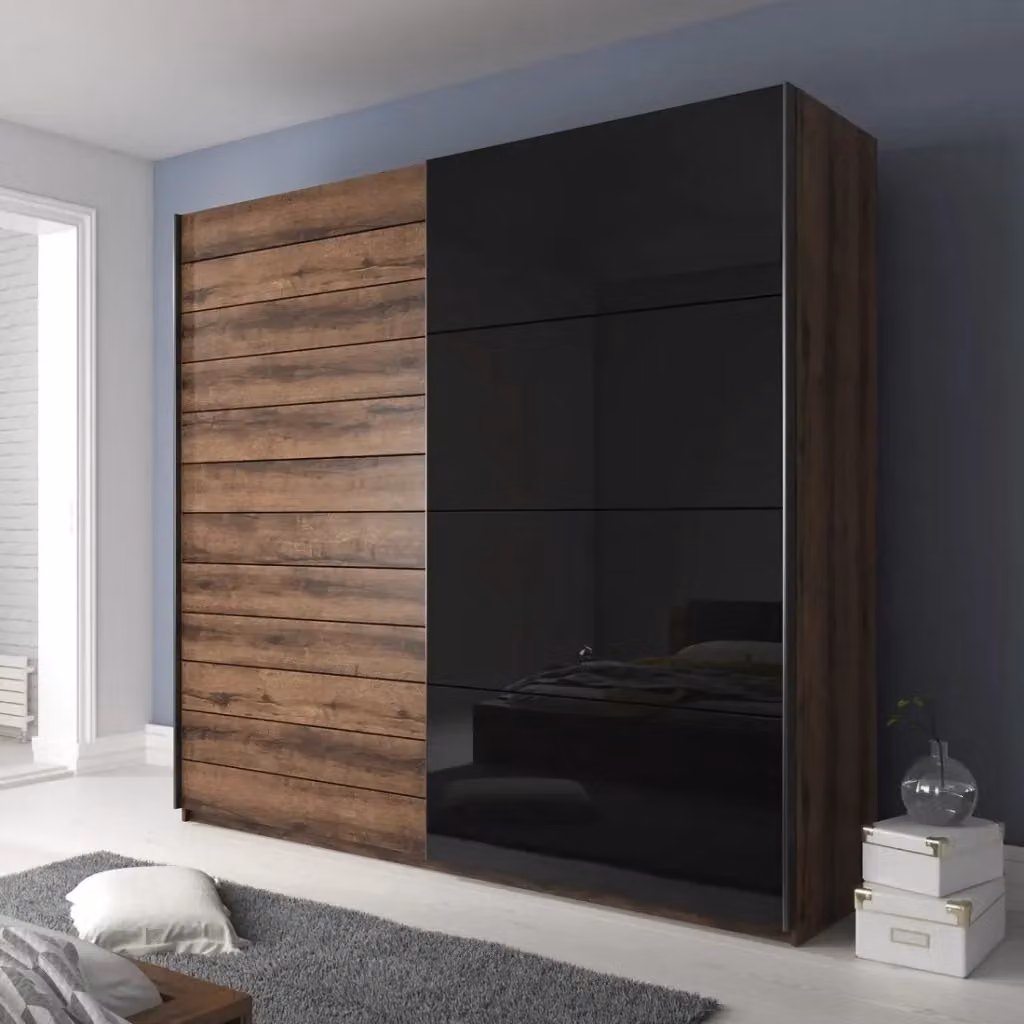 Armadio FLOYD MEUBLORAMA con 2 porte scorrevoli, specchio e chiusura silenziosa, finitura rovere, colore marrone e grigio, L: 270 cm, H: 210 cm, P: 61 cm – 2