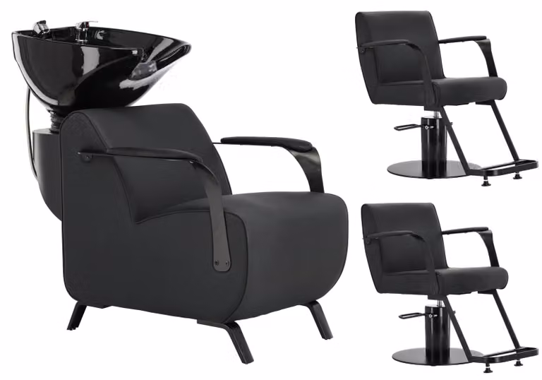 Inez Set nero lavatesta per parrucchiere e 2x sedia da parrucchiere idraulica girevole per salone di parrucchiere lavatesta mobile ciotola in Vetroceramica rubinetto doccetta.