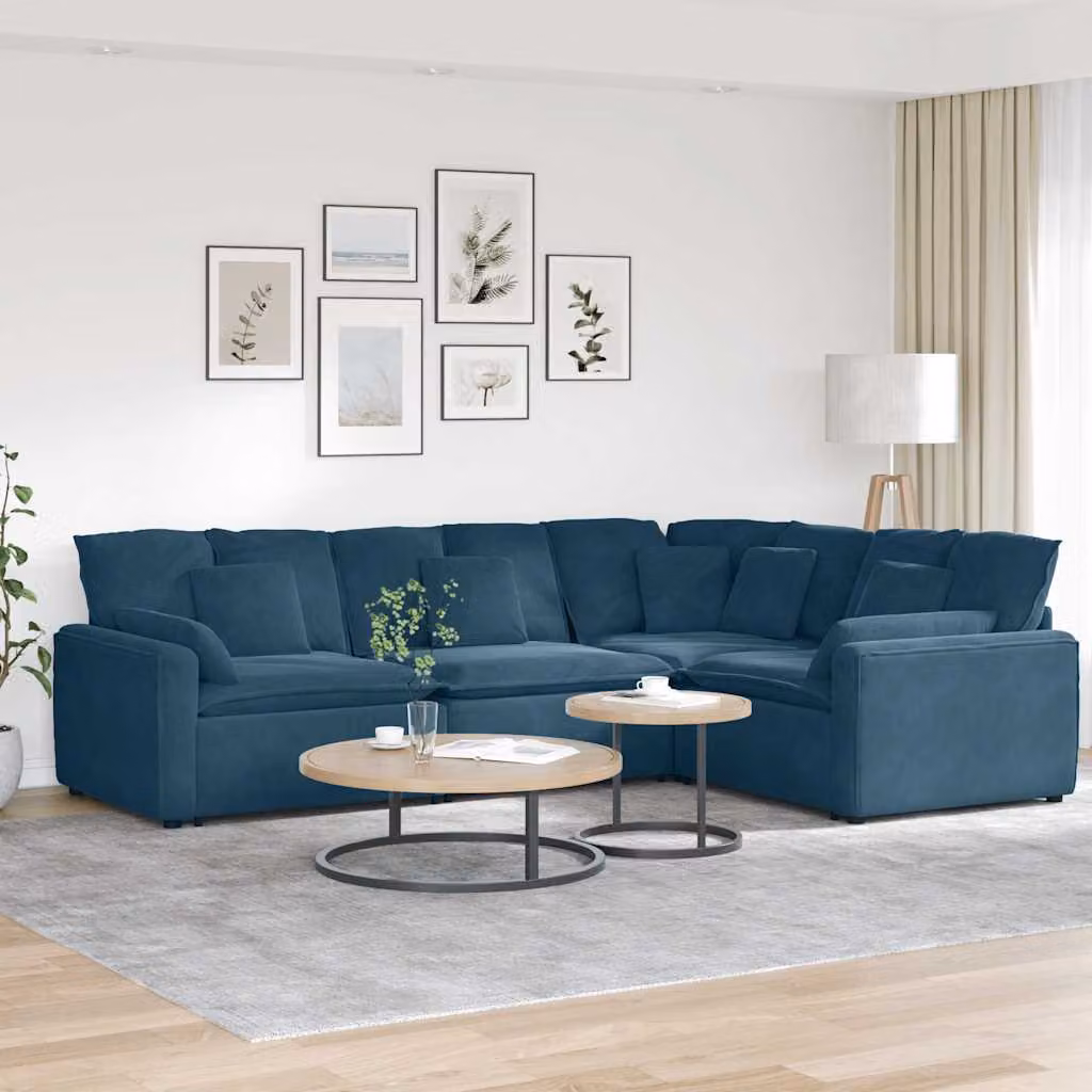vidaXL Divano Modulare a L in Velluto Blu con Cuscini e Struttura in Metallo e Legno