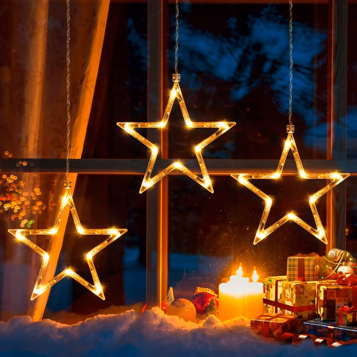 Set di 3 stelle decorative a LED, luce bianco caldo, 30 LED, alimentate a batteria, complete di ganci
