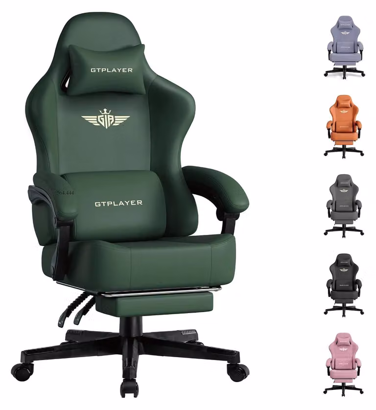 Sedia da gaming e da ufficio - GT829: sedia girevole ergonomica - regolabile in altezza - imbottita - struttura in metallo - con braccioli e rotelle - rivestimento in pelle - verde