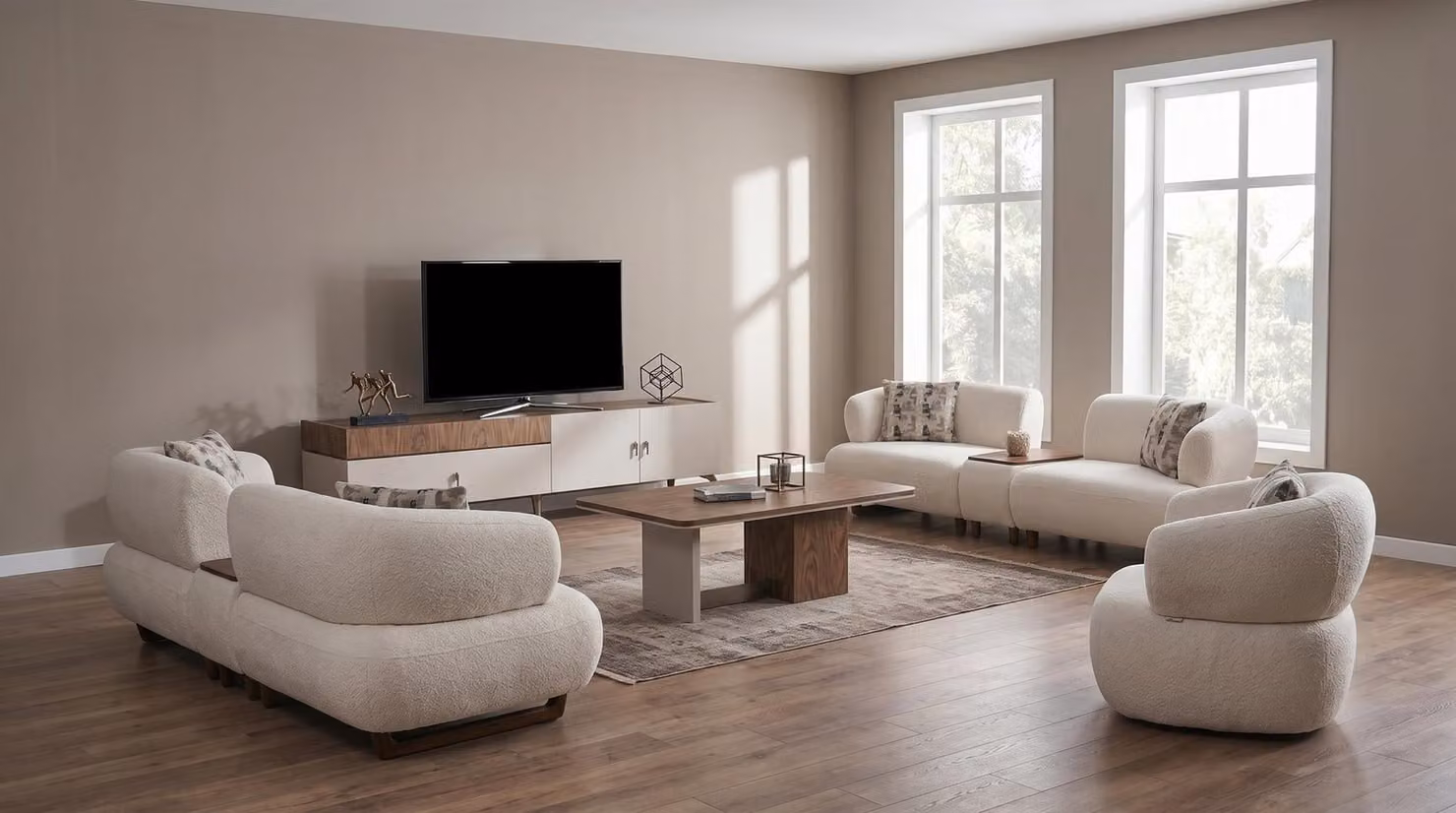 Divano componibile 4 posti + 4 posti + poltrona, design moderno, colore beige, confortevole, set imbottito per soggiorno