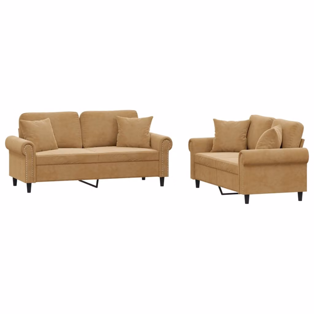 set divano 2 pezzi con cuscini in velluto marrone