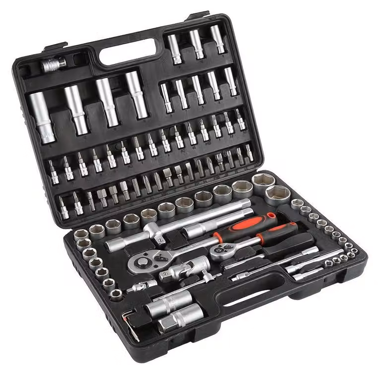 Kit di attrezzi da 94 pezzi – Set per la riparazione auto con bussole, chiavi a cricchetto e chiavi in una robusta custodia – Resistente al calore