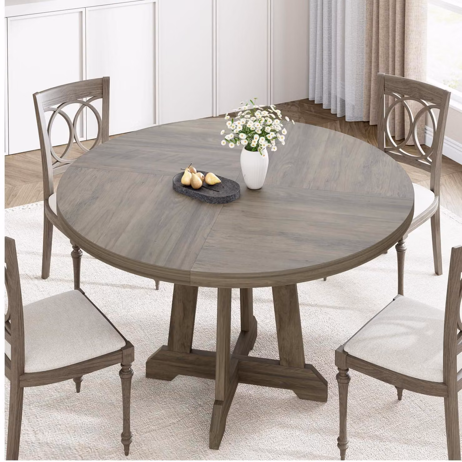 Tavolo da pranzo rotondo per 4-6 persone, struttura in legno, colore grigio chiaro, design industriale