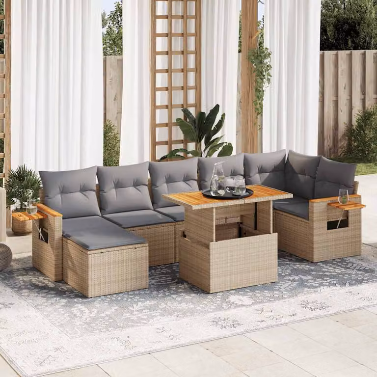Set Divano da Giardino vidaXL 8 pz in Polyrattan e Legno di Acacia con Cuscini Beige e Grigio per Terrazza e Balcone