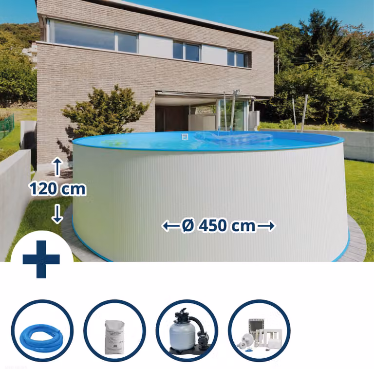 Set piscina con pareti in acciaio (6 pezzi) alta rotonda Maldive 450 x 120 cm, acciaio 0,4 mm bianco telo 0,4 mm blu