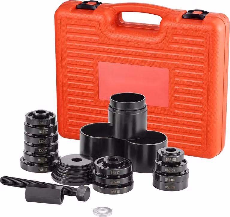 Kit di estrazione e montaggio a pressione dei cuscinetti ruota - Set di utensili da 23 pezzi per la trazione anteriore - Con mandrino a pressione - Con boccole e piastre per manicotti - In custodia