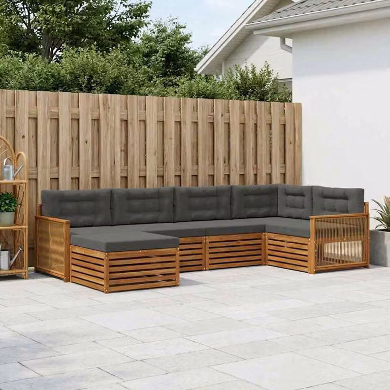 Set di divani da esterno vidaXL 6 pz in legno di acacia con pouf e cuscini, forma a L, colore beige e antracite