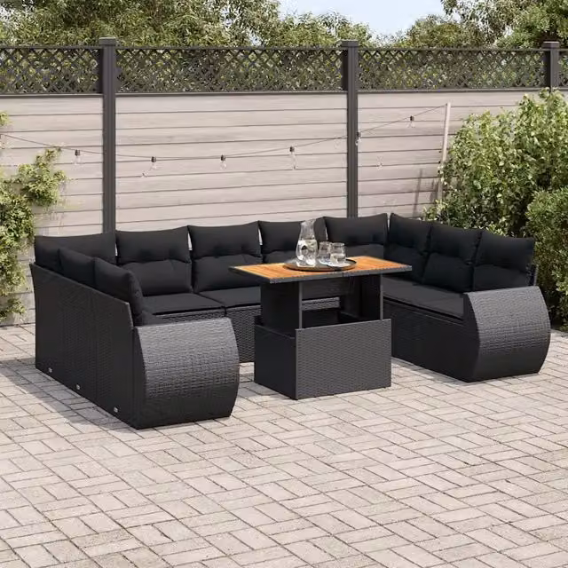 Set di Divani da Giardino vidaXL in Polyrattan Nero con Cuscini e Tavolino da Esterno a Forma di U – 1