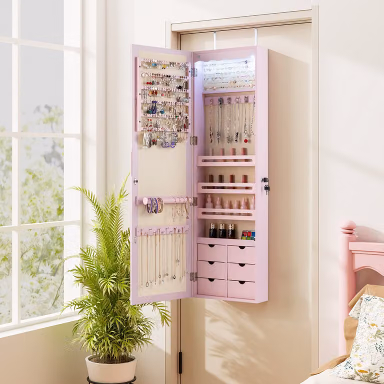 Armadio portagioie Costway in legno con specchio, 6 cassetti e 5 luci LED, colore rosa