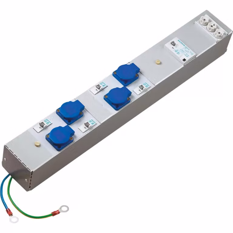 Prese multiple ABN 5L_composte da: 4 prese Schuko da 16 A, 1 presa D02 a 3 poli, 1 interruttore differenziale da 40 A/0,03 A a 4 poli, 4 prese LS B da 16 A a 1 polo, EH005L