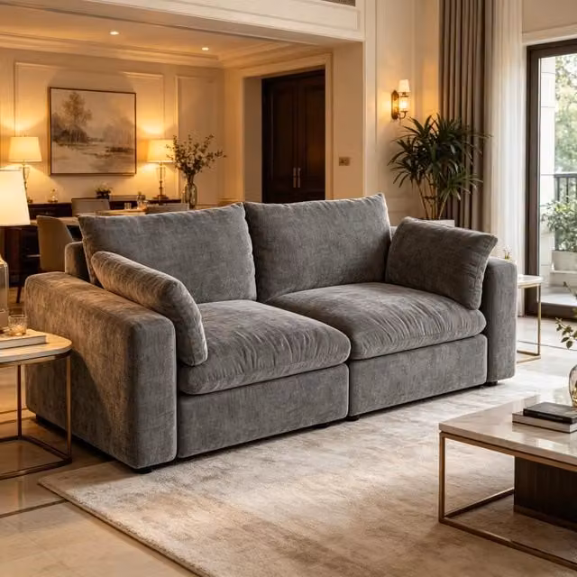 Divano modulare a 2 posti OKWISH in tessuto chenille grigio con struttura in legno e metallo e imbottitura mista sfoderabile