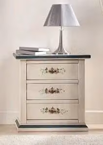 Comodino KIVIO in legno stile shabby chic bianco con decorazioni floreali blu e bronzo