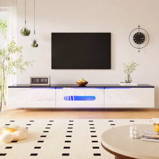 Mobile porta televisore 180 cm nero e bianco con illuminazione LED multicolore e montaggio a parete